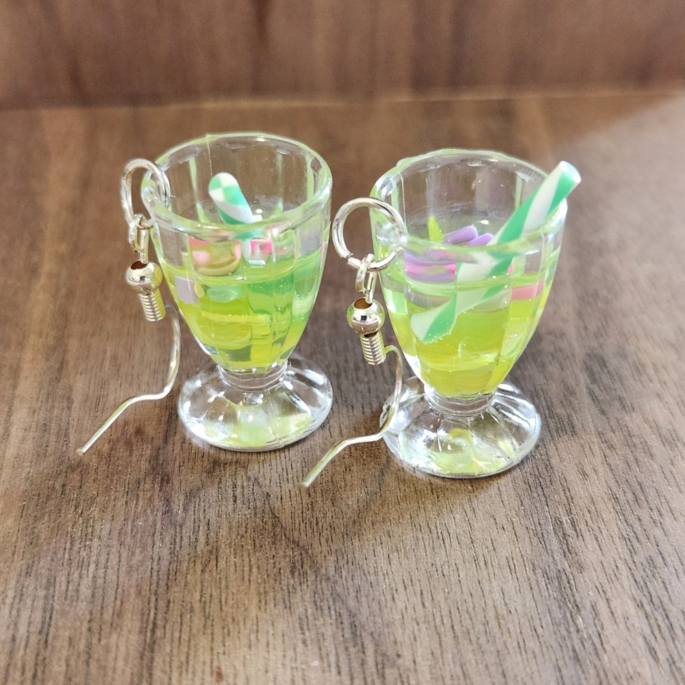 Handmade Lime Soda Drink Earrings Miniature Lemon Sprinkles Sundae Glass Jewelry